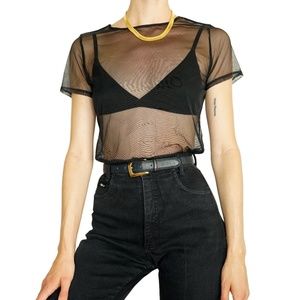 Cosabella ShowOff Black Sheer Mesh Short Sleeve T-Shirt with Star Pasties